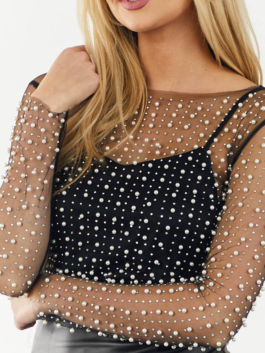 HIDDENBRAND - Pearl rhinestone studded sheer mesh see through tee top: Nude / L
