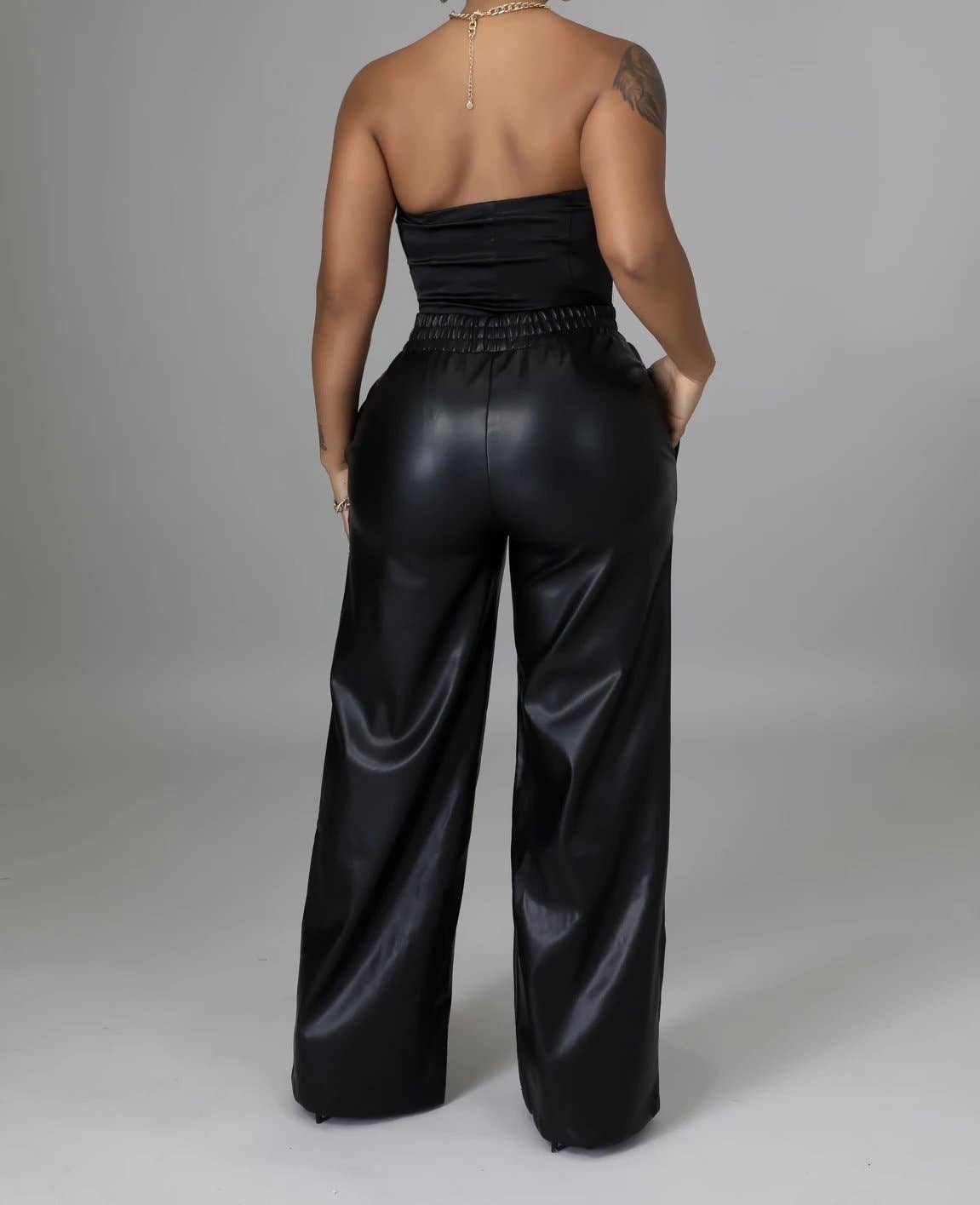 HIDDENBRAND - Elastic waist leather wide leg pant with pocket: Burgundy / S