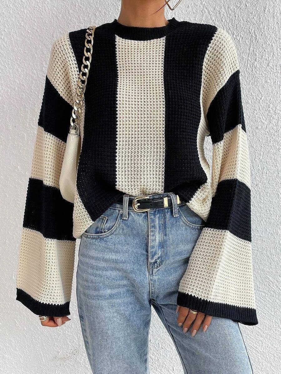 HIDDENBRAND - Crewneck Striped Niche Sweater: Apricot / L