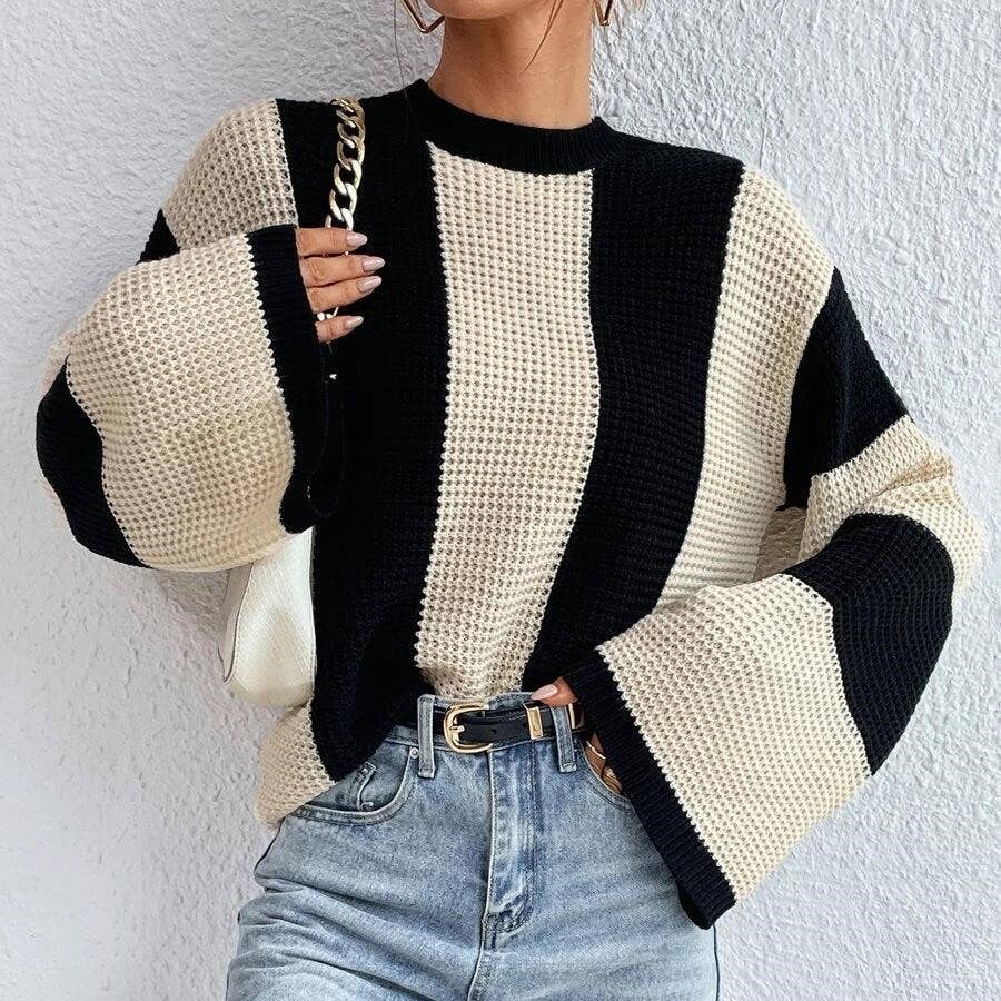 HIDDENBRAND - Crewneck Striped Niche Sweater: Apricot / L