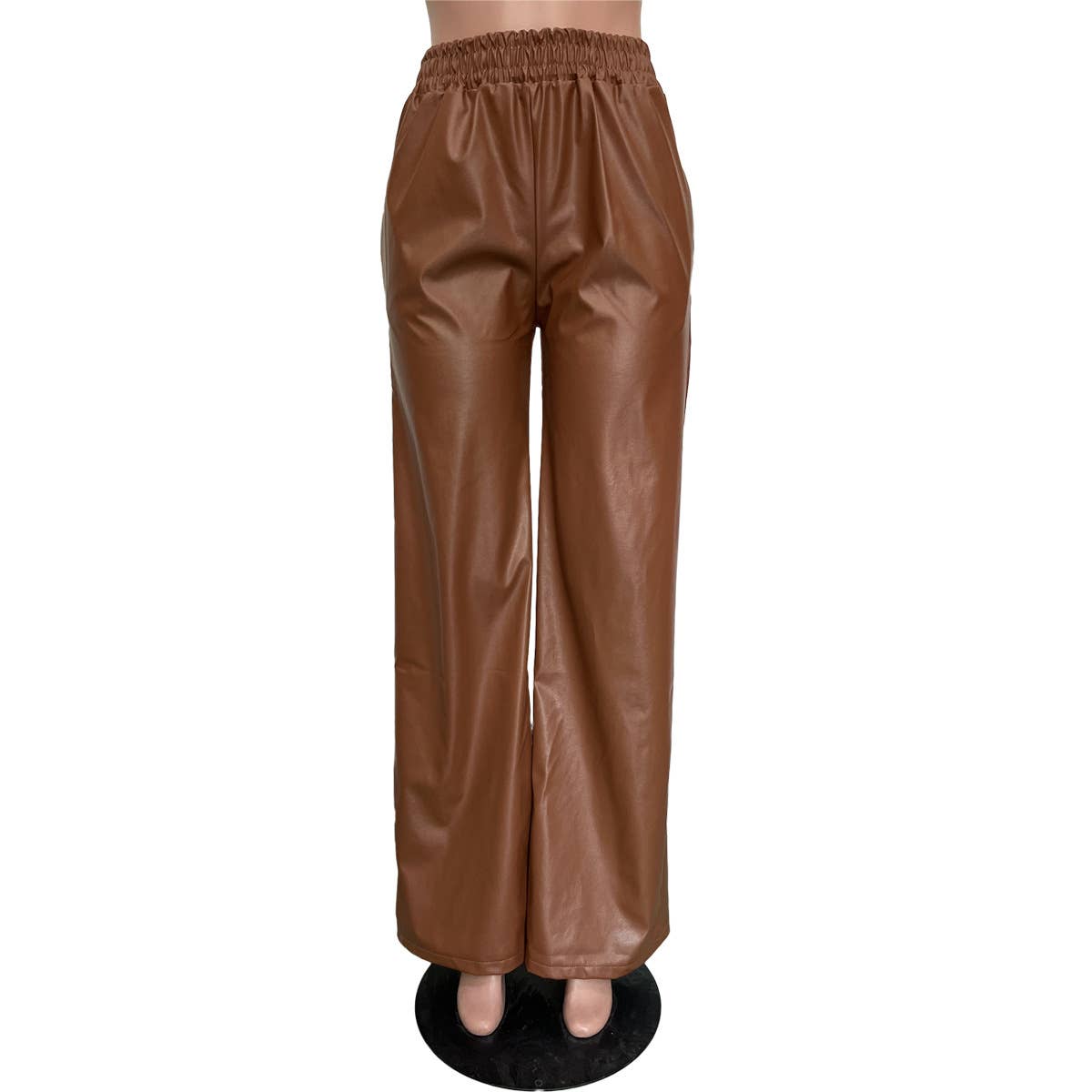 HIDDENBRAND - Elastic waist leather wide leg pant with pocket: Burgundy / S