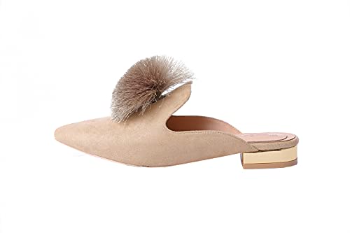 Fericzot Slip On Mule Backless Loafers Flats Puff PomPom Pointed Toe Casual Shoes Slippers