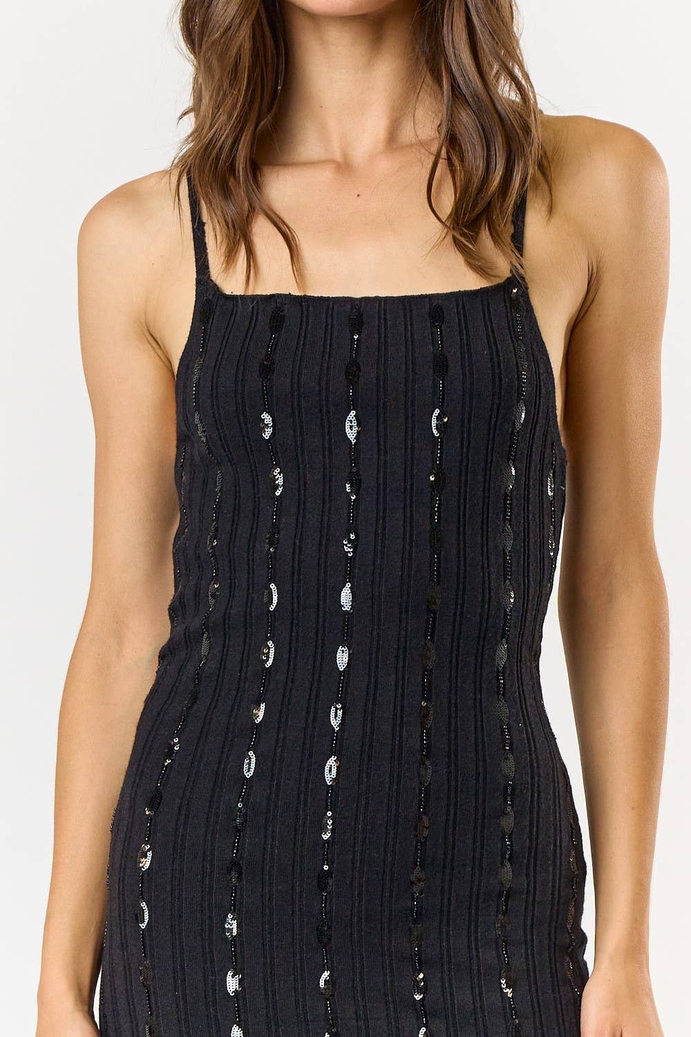 Lalavon - ILD4450 Sequin & Bead Ribbed Sweater Bodycon Mid Dress