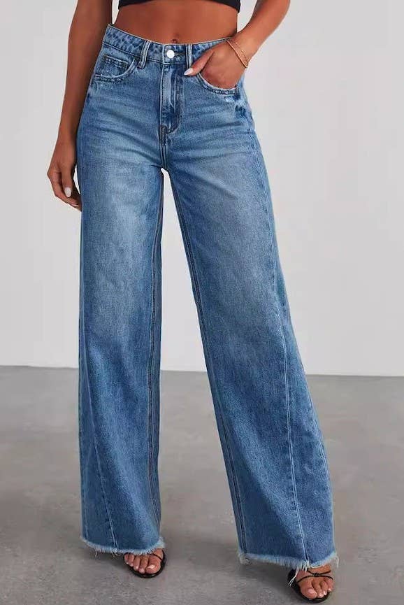Miss Sparkling - High Waisted Denim Wide Leg Jeans: Blue / L