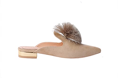 Fericzot Slip On Mule Backless Loafers Flats Puff PomPom Pointed Toe Casual Shoes Slippers