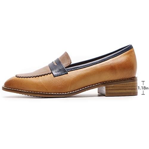 Mona flying Women's Top Leather Square Toe Penny Loafer Dress Casual Slip on Flat Office Work Shoes for Ladies