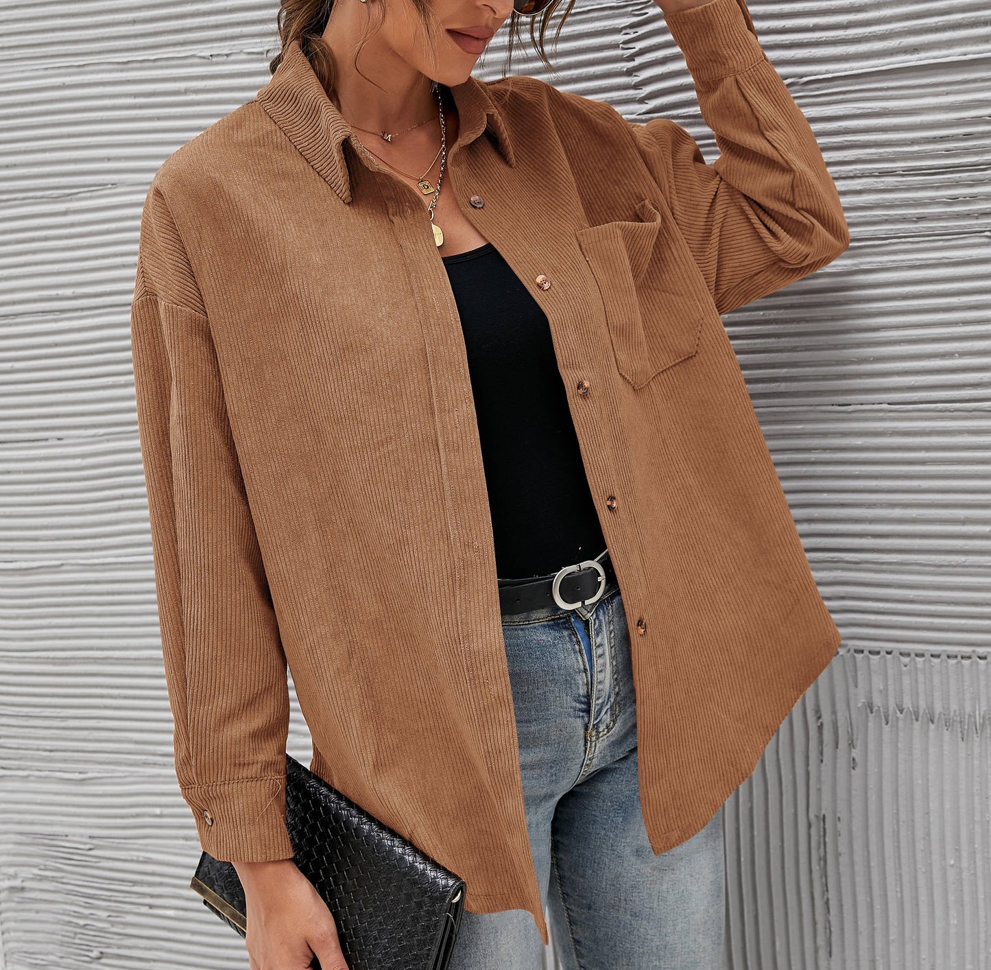 Rosa Clothing - Corduroy Oversized Solid Shacket: Off-White / M