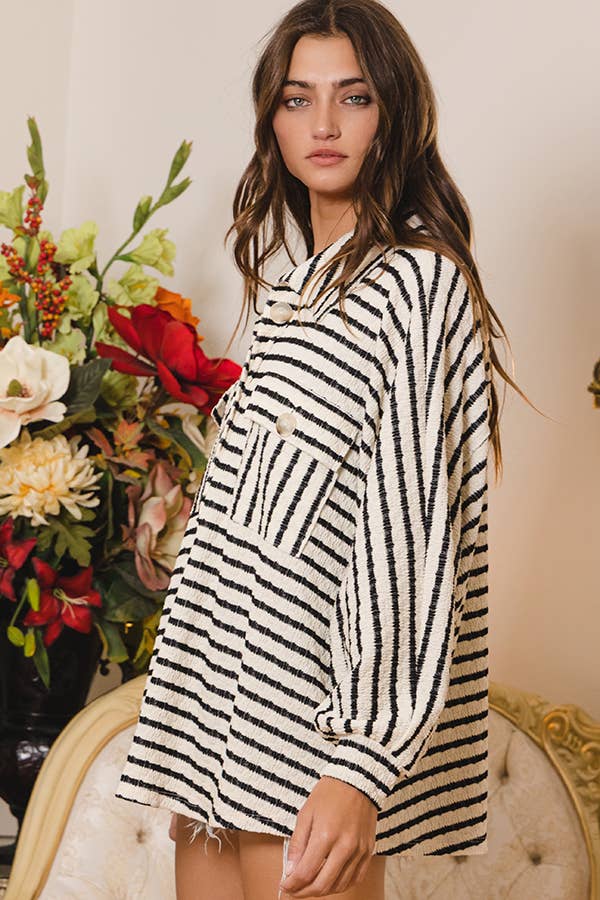 BUCKETLIST - T1578-5 Collared Oversized Button Up Stripe Pullover Top