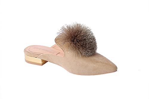 Fericzot Slip On Mule Backless Loafers Flats Puff PomPom Pointed Toe Casual Shoes Slippers