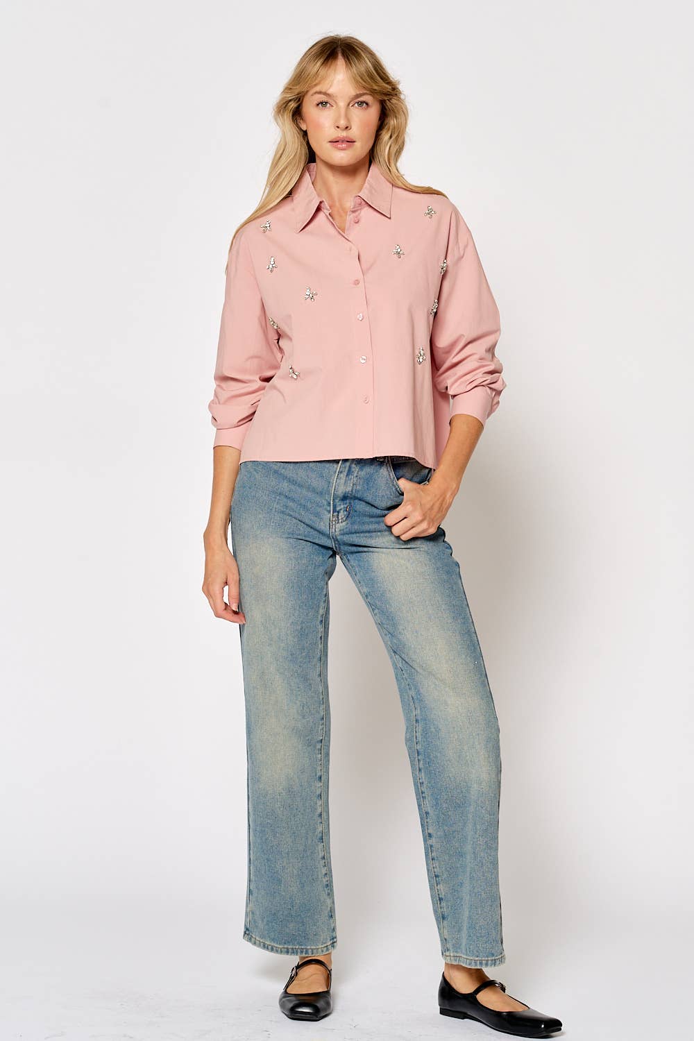 Lalavon - ILT4441 JEWEL FLOWER COLLARED HIGH LOW SHIRT