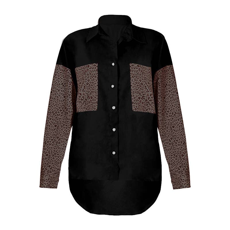 HIDDENBRAND - Pocket Leopard Print Roll-Neck Shirt: Sky Blue / S