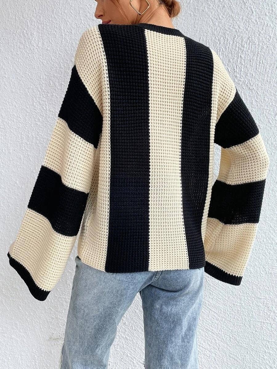HIDDENBRAND - Crewneck Striped Niche Sweater: Apricot / L
