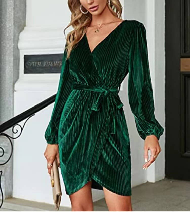 HIDDENBRAND - Velvet long sleeve majesty holiday party wrap midi dress: Burgundy / XL