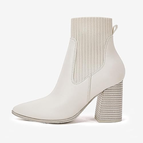 Coutgo Women Pointed Toe Ankle Boots Knit Sock Boot Chunky Block Stacked Mid Heel Comfortable Chelsea Booties Shoes