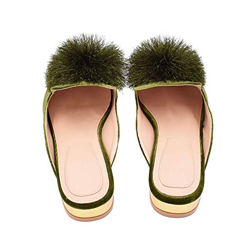 Fericzot Slip On Mule Backless Loafers Flats Puff PomPom Pointed Toe Casual Shoes Slippers