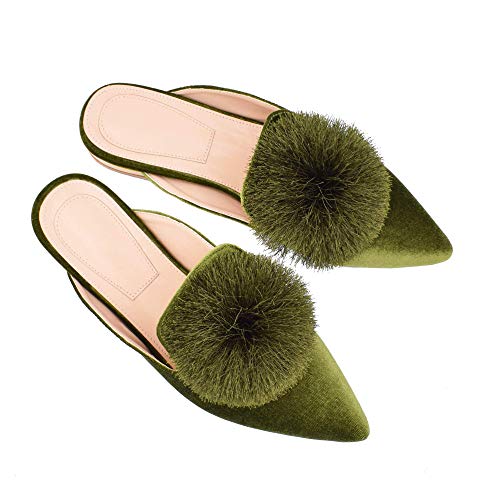 Fericzot Slip On Mule Backless Loafers Flats Puff PomPom Pointed Toe Casual Shoes Slippers