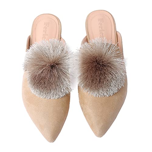 Fericzot Slip On Mule Backless Loafers Flats Puff PomPom Pointed Toe Casual Shoes Slippers