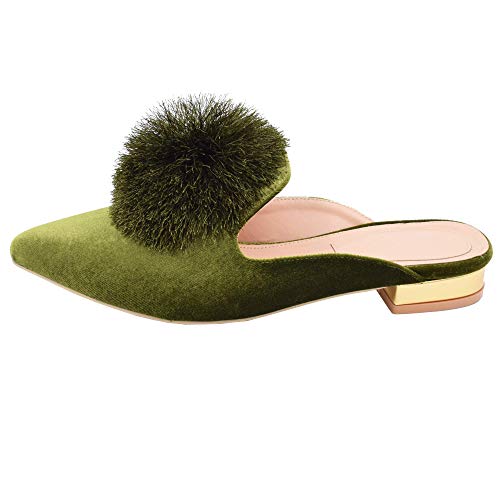 Fericzot Slip On Mule Backless Loafers Flats Puff PomPom Pointed Toe Casual Shoes Slippers