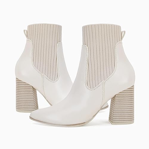 Coutgo Women Pointed Toe Ankle Boots Knit Sock Boot Chunky Block Stacked Mid Heel Comfortable Chelsea Booties Shoes