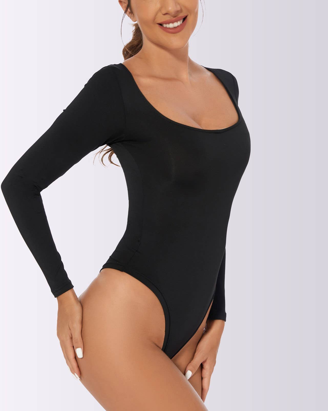 HIDDENBRAND - Long sleeve bodysuit with scoop neck: Black / S