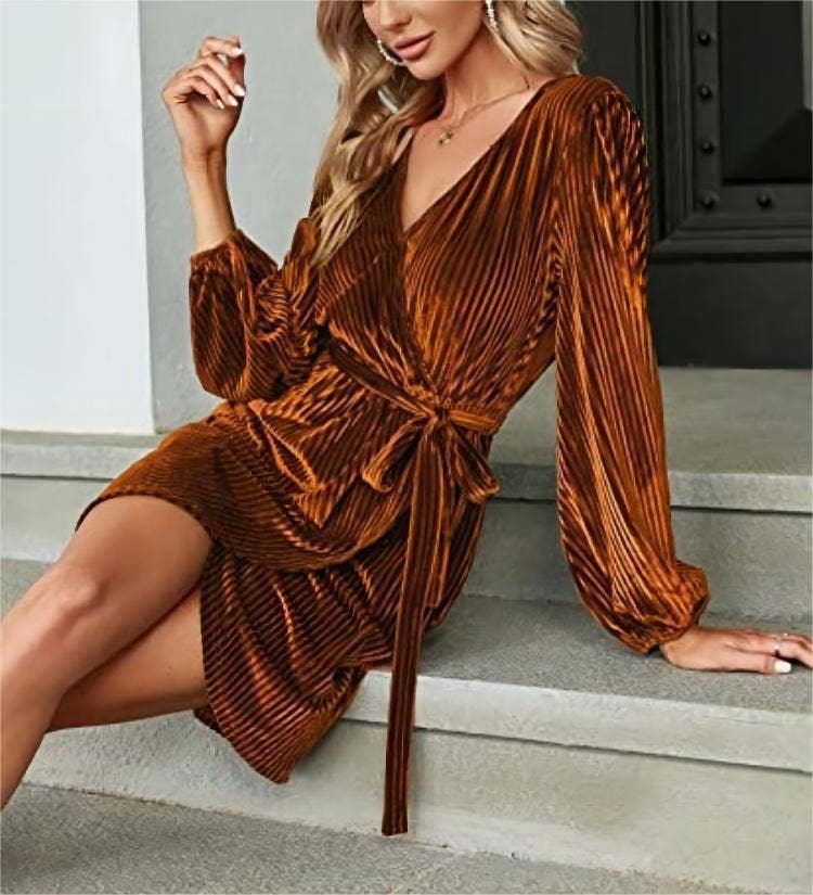 HIDDENBRAND - Velvet long sleeve majesty holiday party wrap midi dress: Burgundy / XL