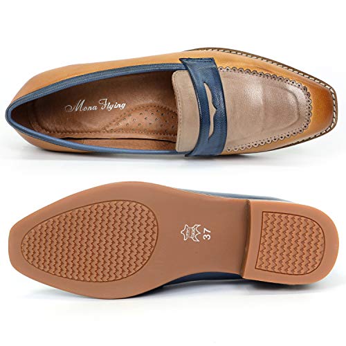Mona flying Women's Top Leather Square Toe Penny Loafer Dress Casual Slip on Flat Office Work Shoes for Ladies