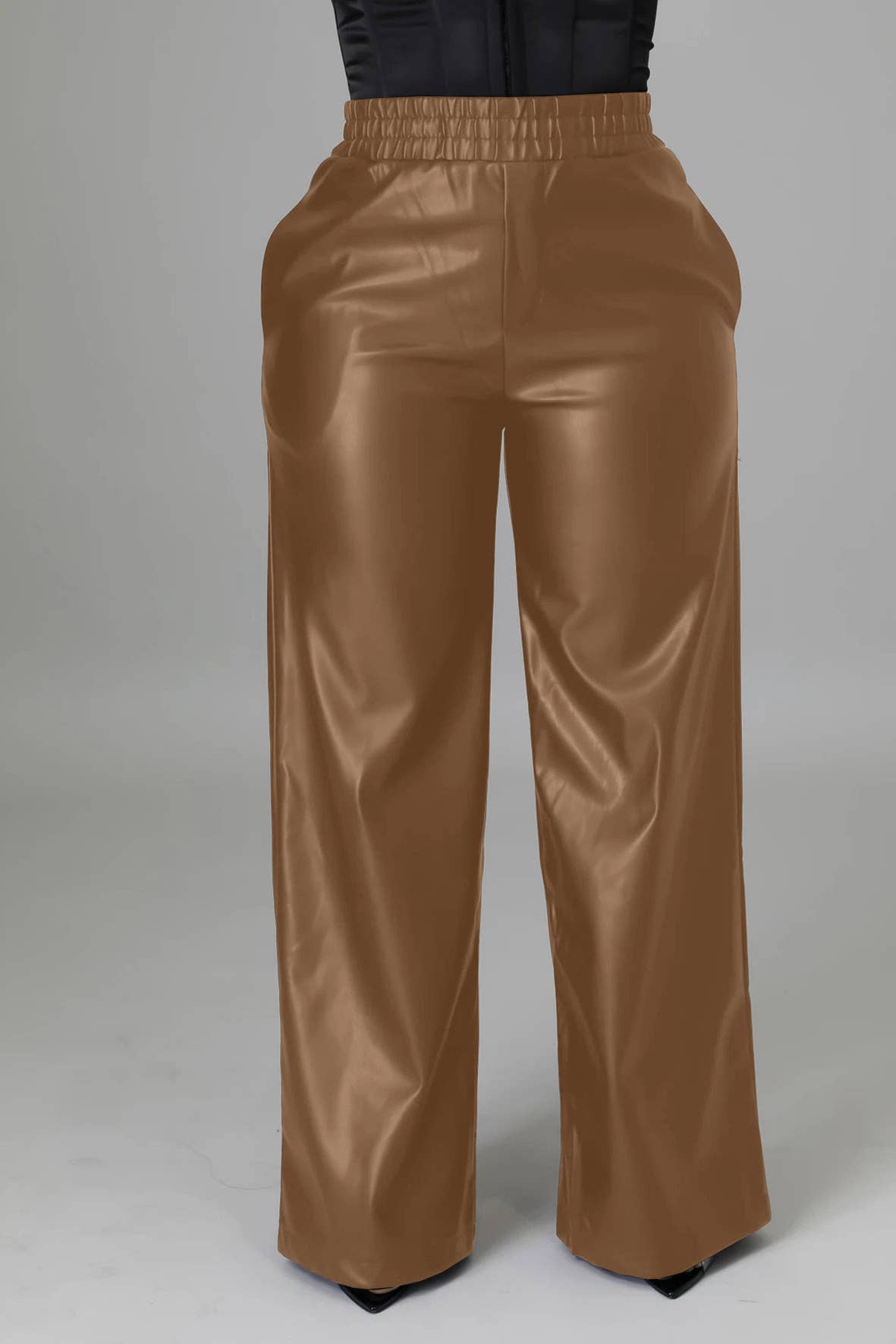 HIDDENBRAND - Elastic waist leather wide leg pant with pocket: Burgundy / S