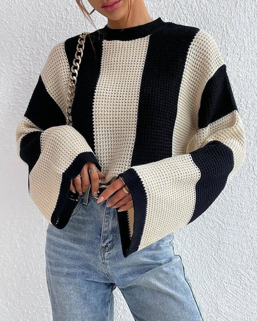 HIDDENBRAND - Crewneck Striped Niche Sweater: Apricot / L