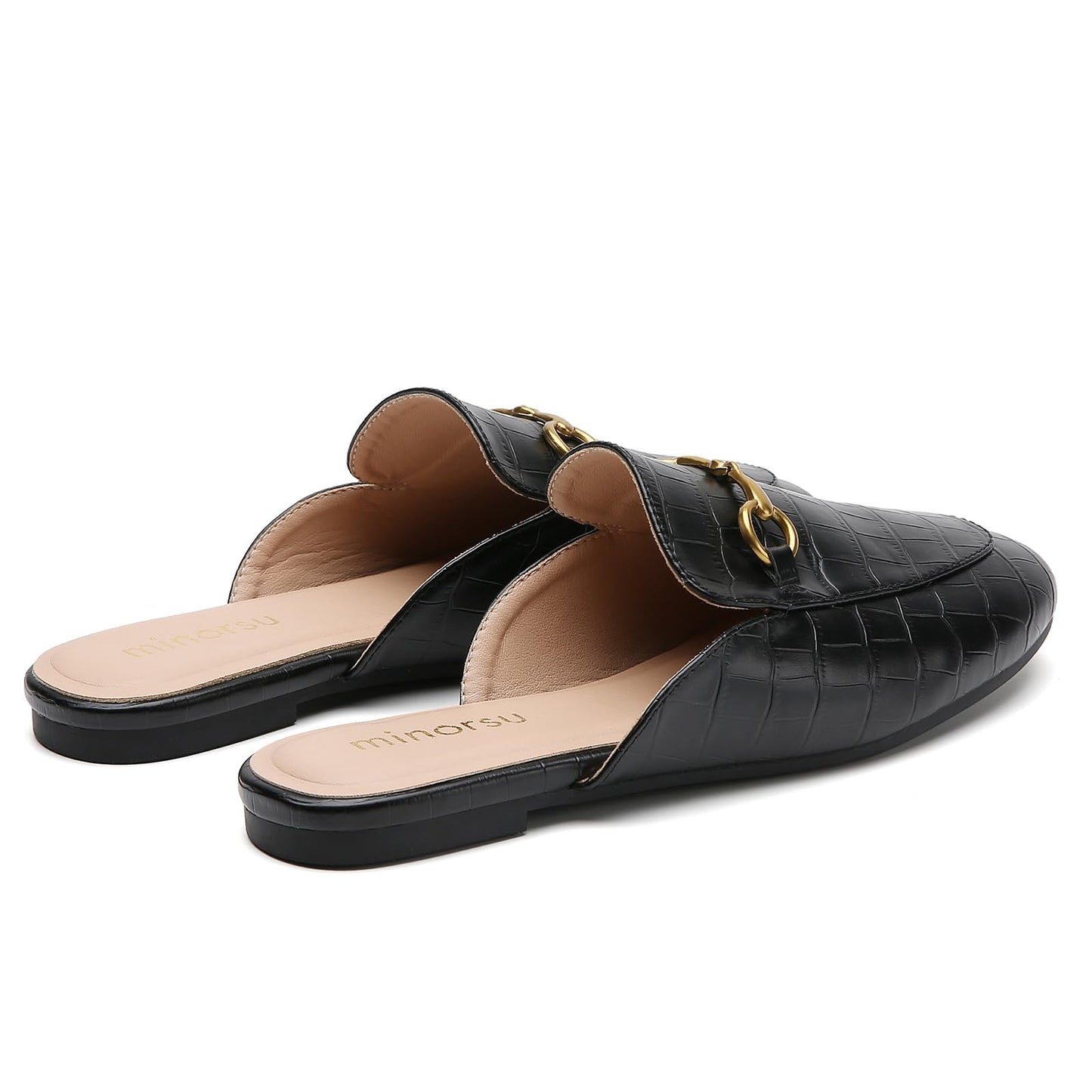 Minorsu Buckle Mules for Women Round Toe Backless Flat Mules Slides Mules Shoes Ladies Slip-on Loafers