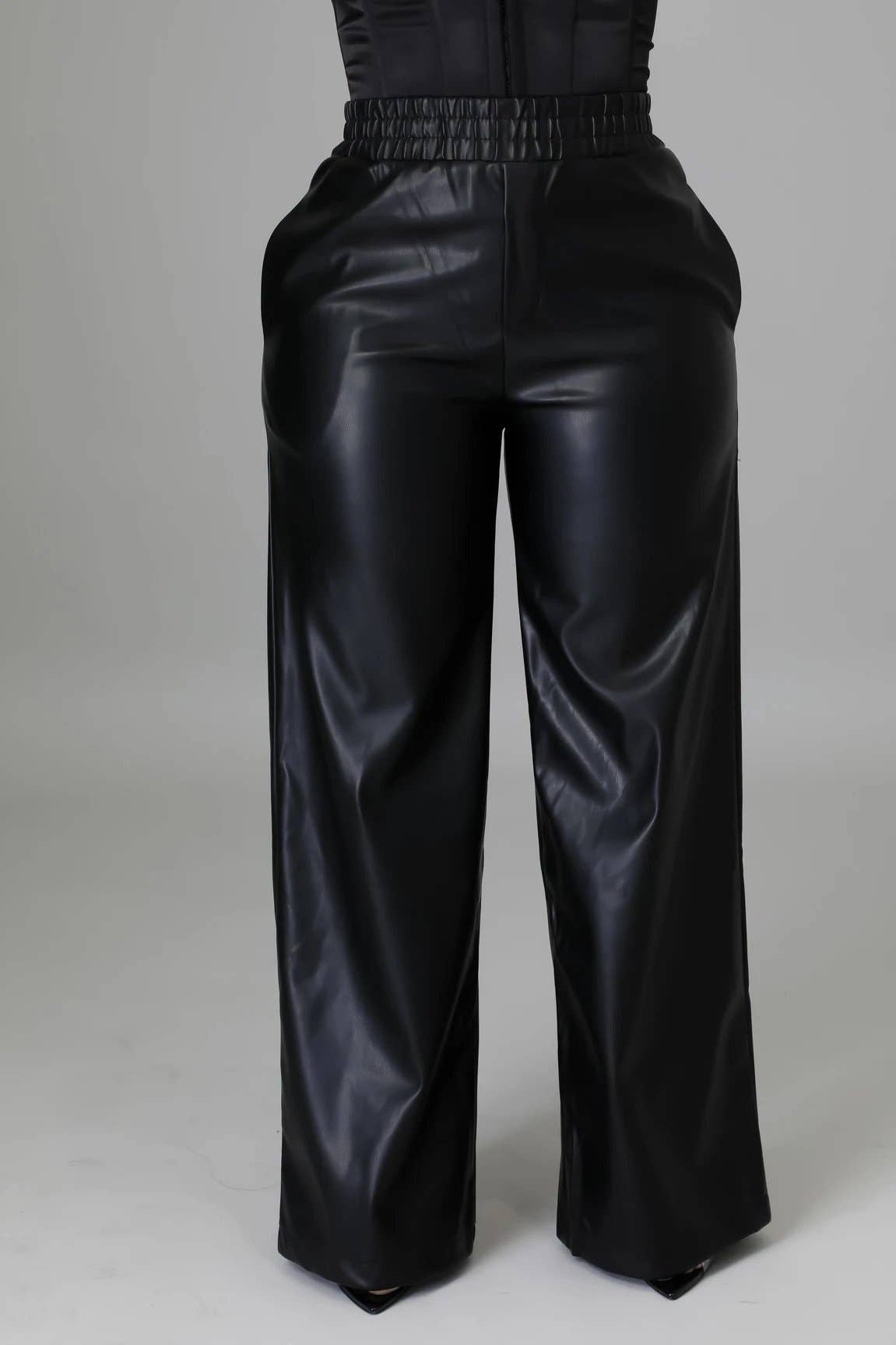 HIDDENBRAND - Elastic waist leather wide leg pant with pocket: Burgundy / S