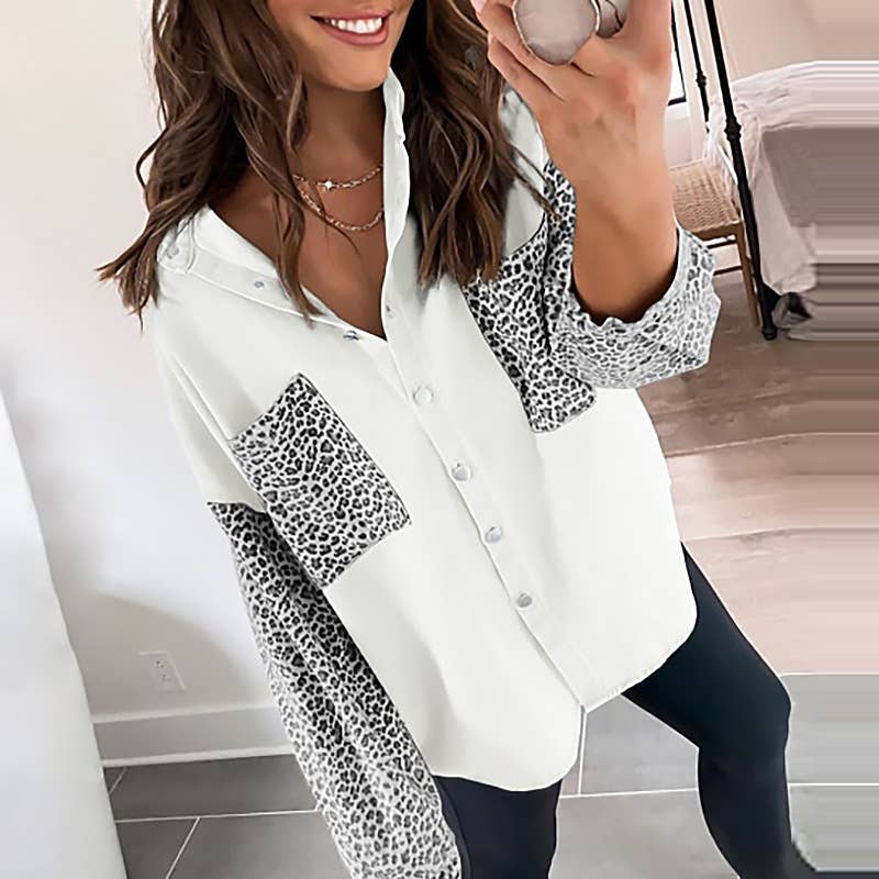 HIDDENBRAND - Pocket Leopard Print Roll-Neck Shirt: Sky Blue / S