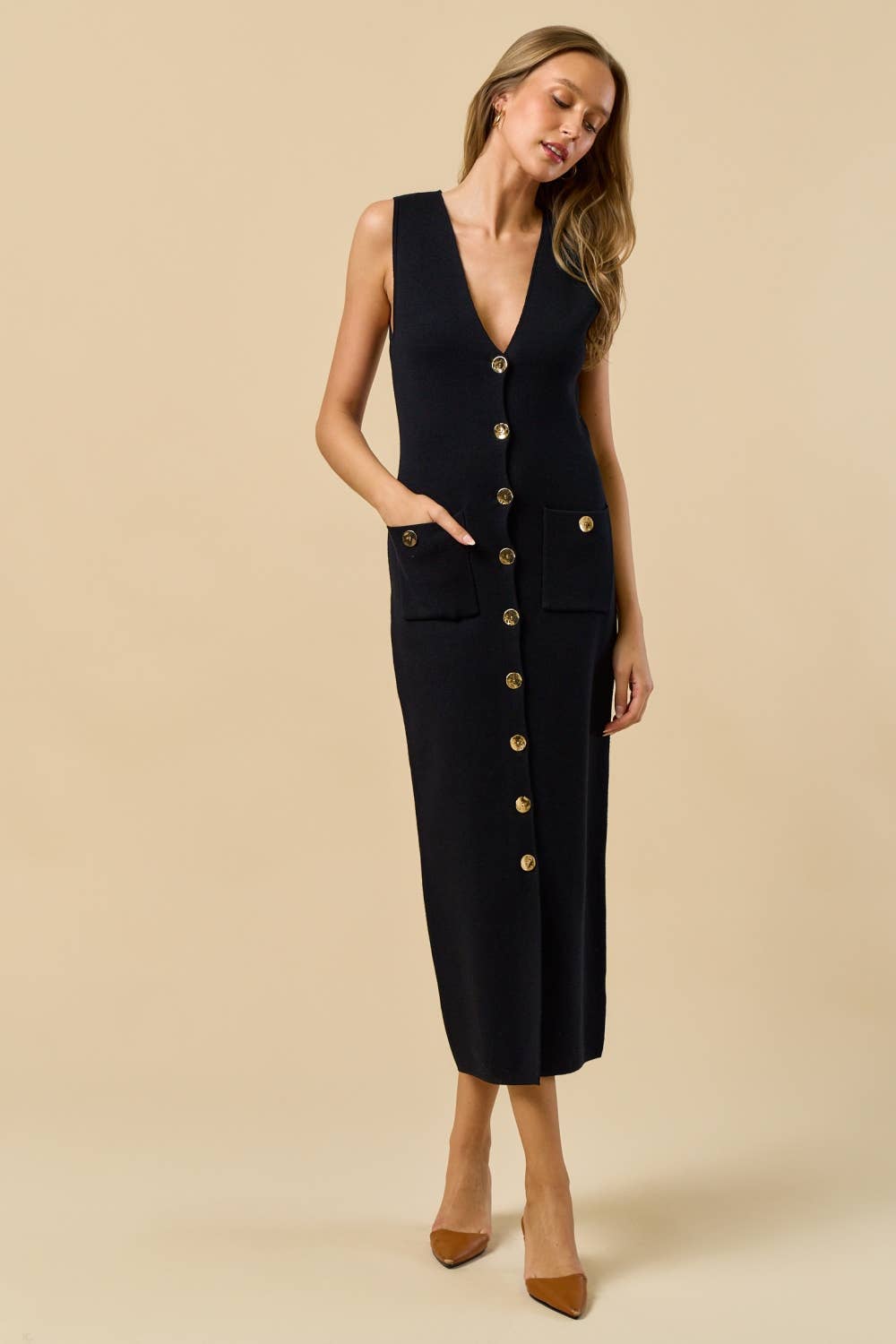 Lalavon - ILD5852 Sleeveless Sweater Button Down Maxi Dress