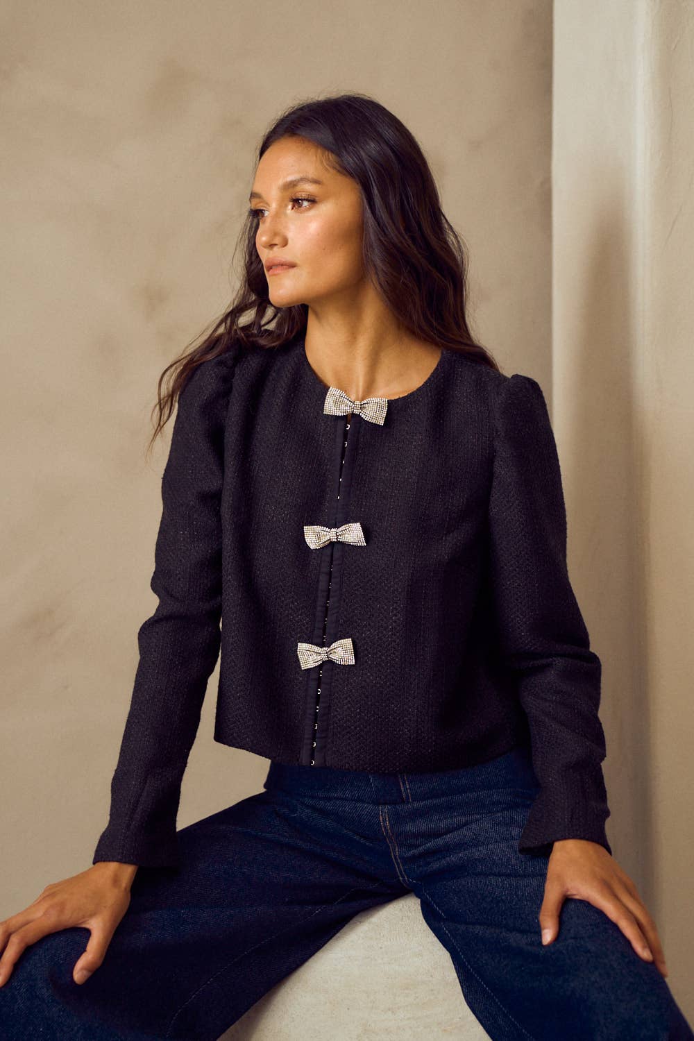Lalavon - ILT4747 RHINESTONE BOW DETAIL JACKET
