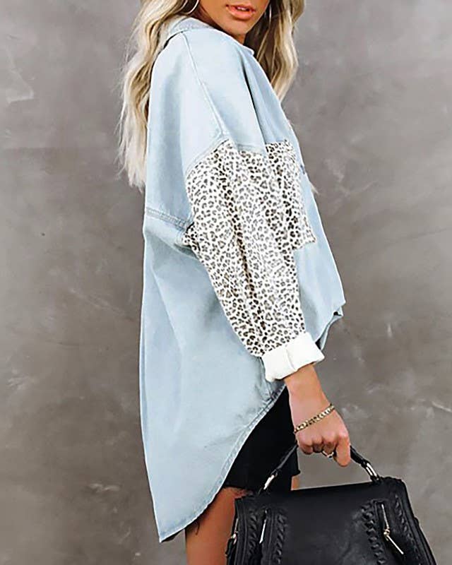 HIDDENBRAND - Pocket Leopard Print Roll-Neck Shirt: Sky Blue / S