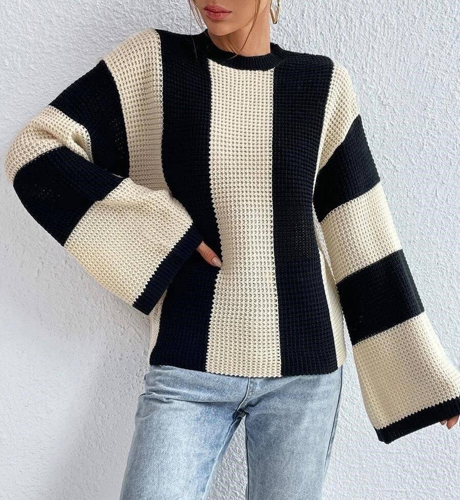 HIDDENBRAND - Crewneck Striped Niche Sweater: Apricot / L