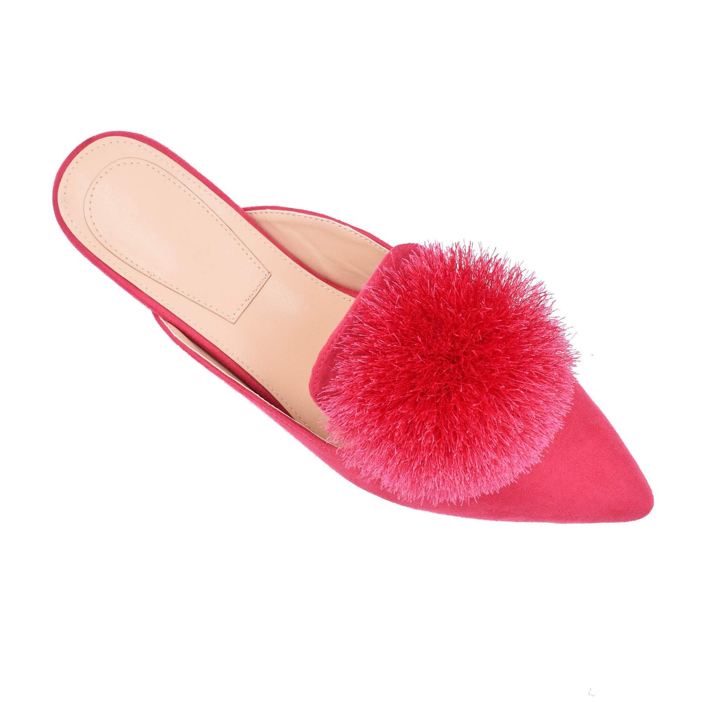 Fericzot Slip On Mule Backless Loafers Flats Puff PomPom Pointed Toe Casual Shoes Slippers