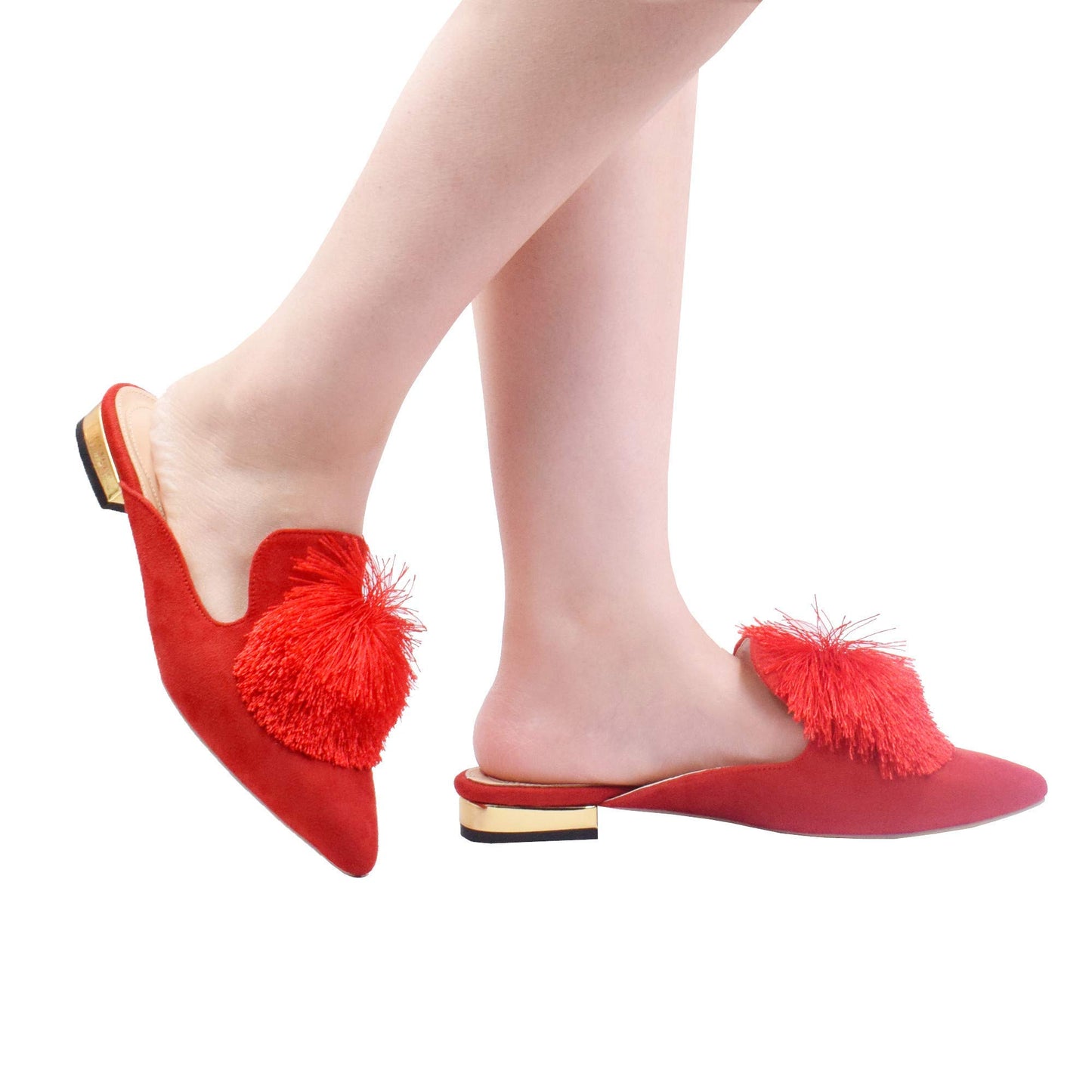 Fericzot Slip On Mule Backless Loafers Flats Puff PomPom Pointed Toe Casual Shoes Slippers