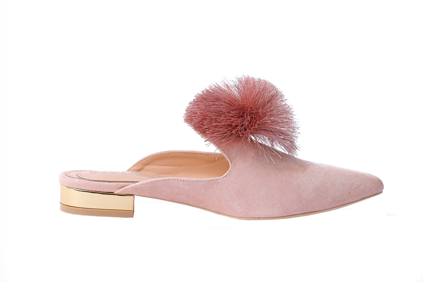 Fericzot Slip On Mule Backless Loafers Flats Puff PomPom Pointed Toe Casual Shoes Slippers