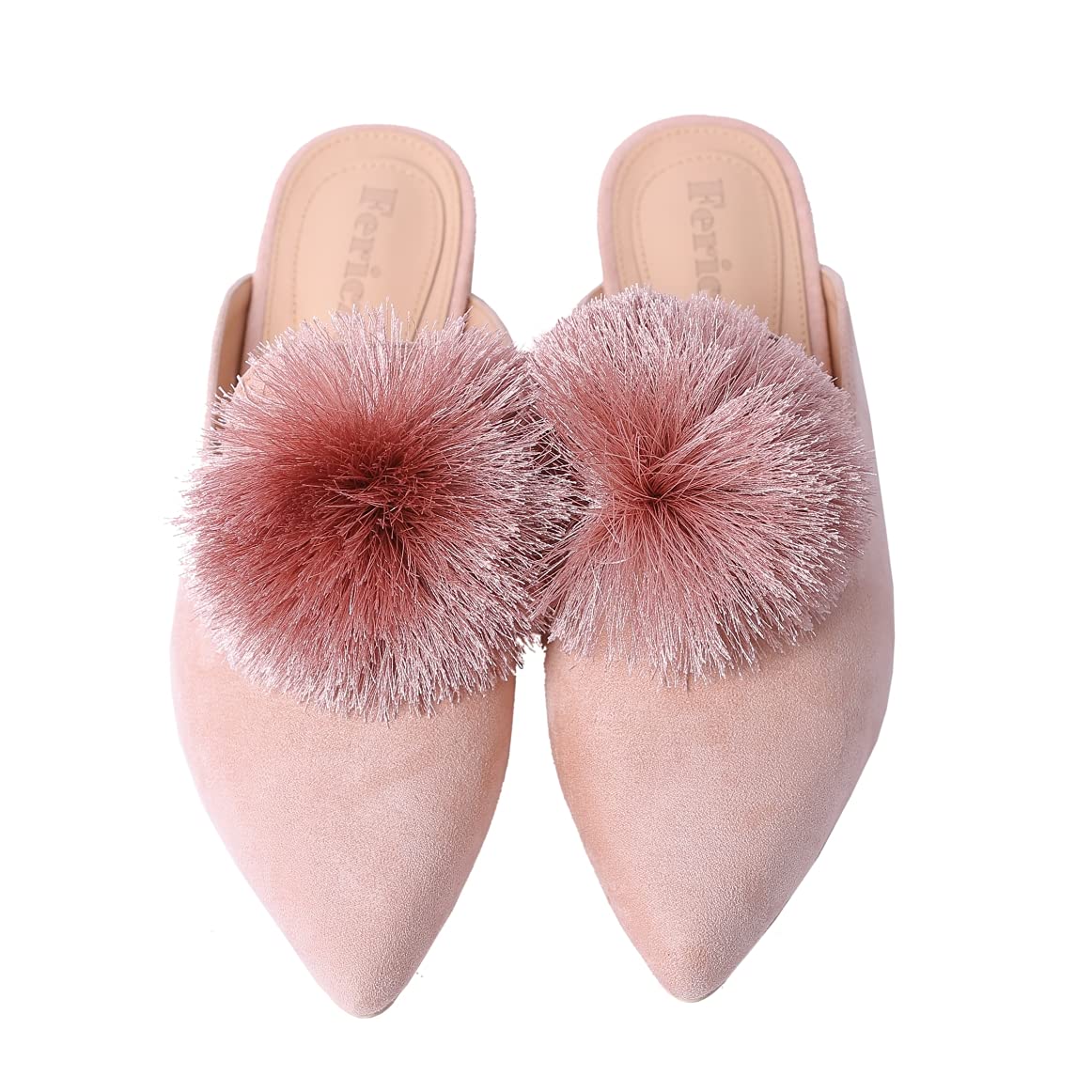 Fericzot Slip On Mule Backless Loafers Flats Puff PomPom Pointed Toe Casual Shoes Slippers