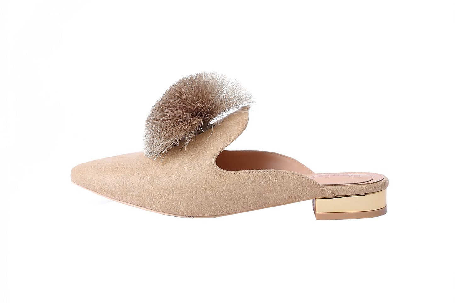 Fericzot Slip On Mule Backless Loafers Flats Puff PomPom Pointed Toe Casual Shoes Slippers