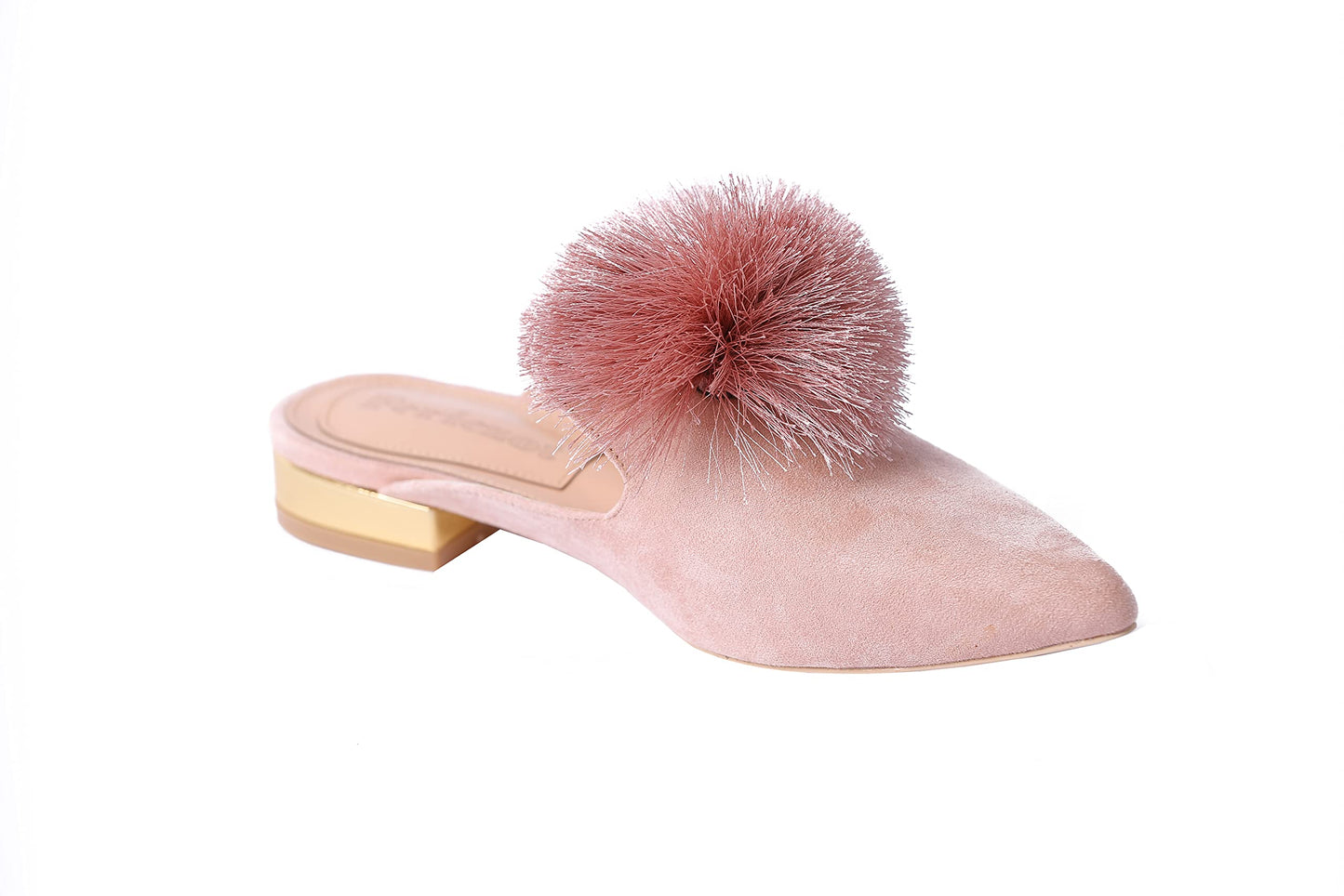 Fericzot Slip On Mule Backless Loafers Flats Puff PomPom Pointed Toe Casual Shoes Slippers
