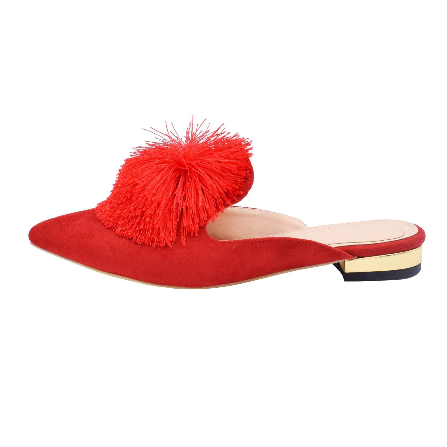 Fericzot Slip On Mule Backless Loafers Flats Puff PomPom Pointed Toe Casual Shoes Slippers