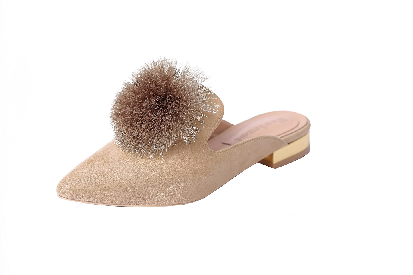 Fericzot Slip On Mule Backless Loafers Flats Puff PomPom Pointed Toe Casual Shoes Slippers