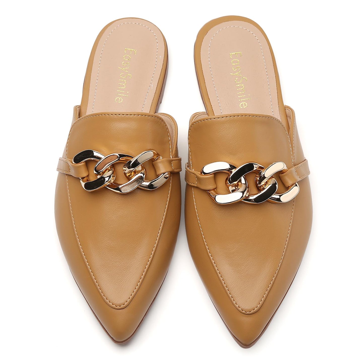 Metal Chain Decor Flat Mules for Women Closed Pointed Toe Slip on Loafers Slides Backless Mules Shoes