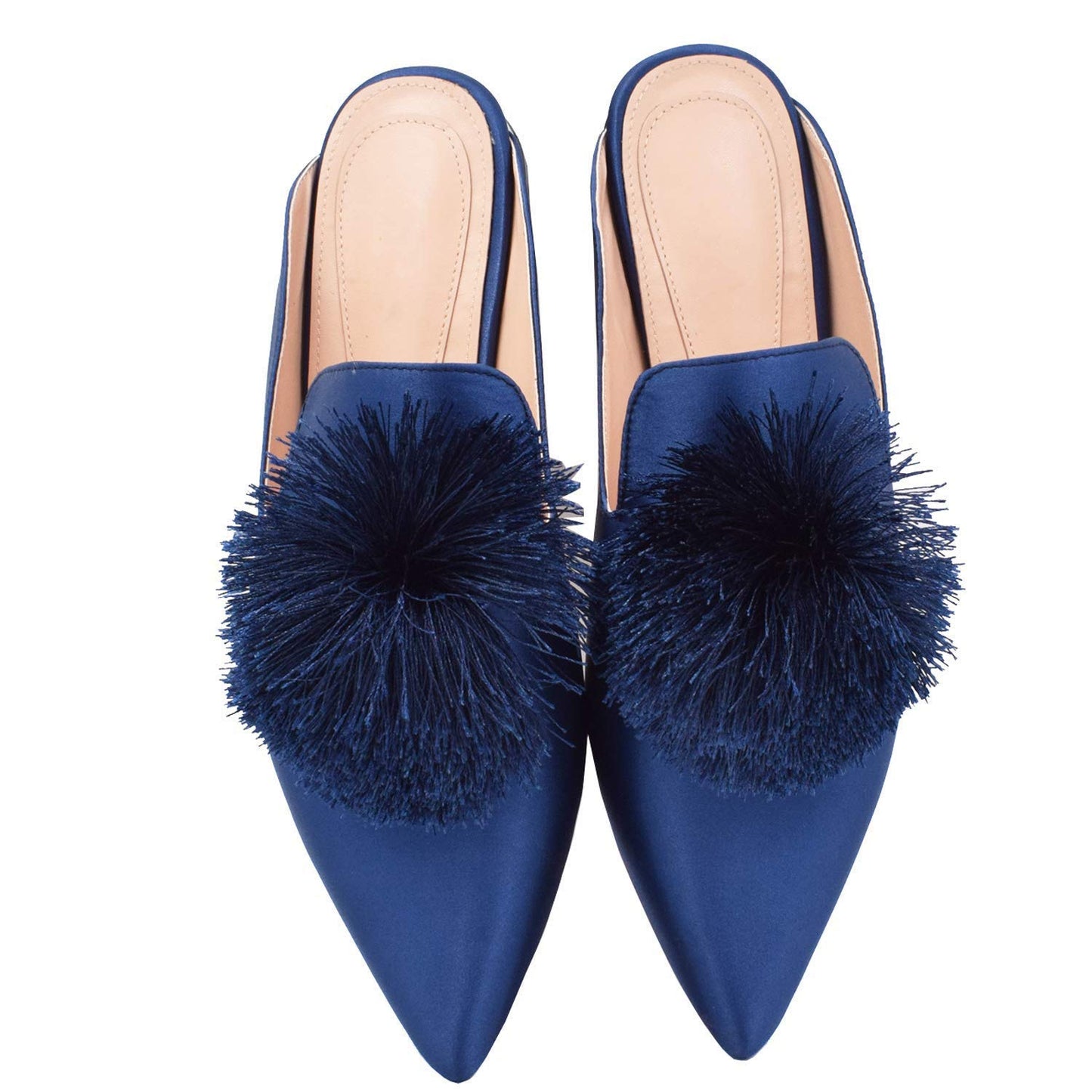 Fericzot Slip On Mule Backless Loafers Flats Puff PomPom Pointed Toe Casual Shoes Slippers