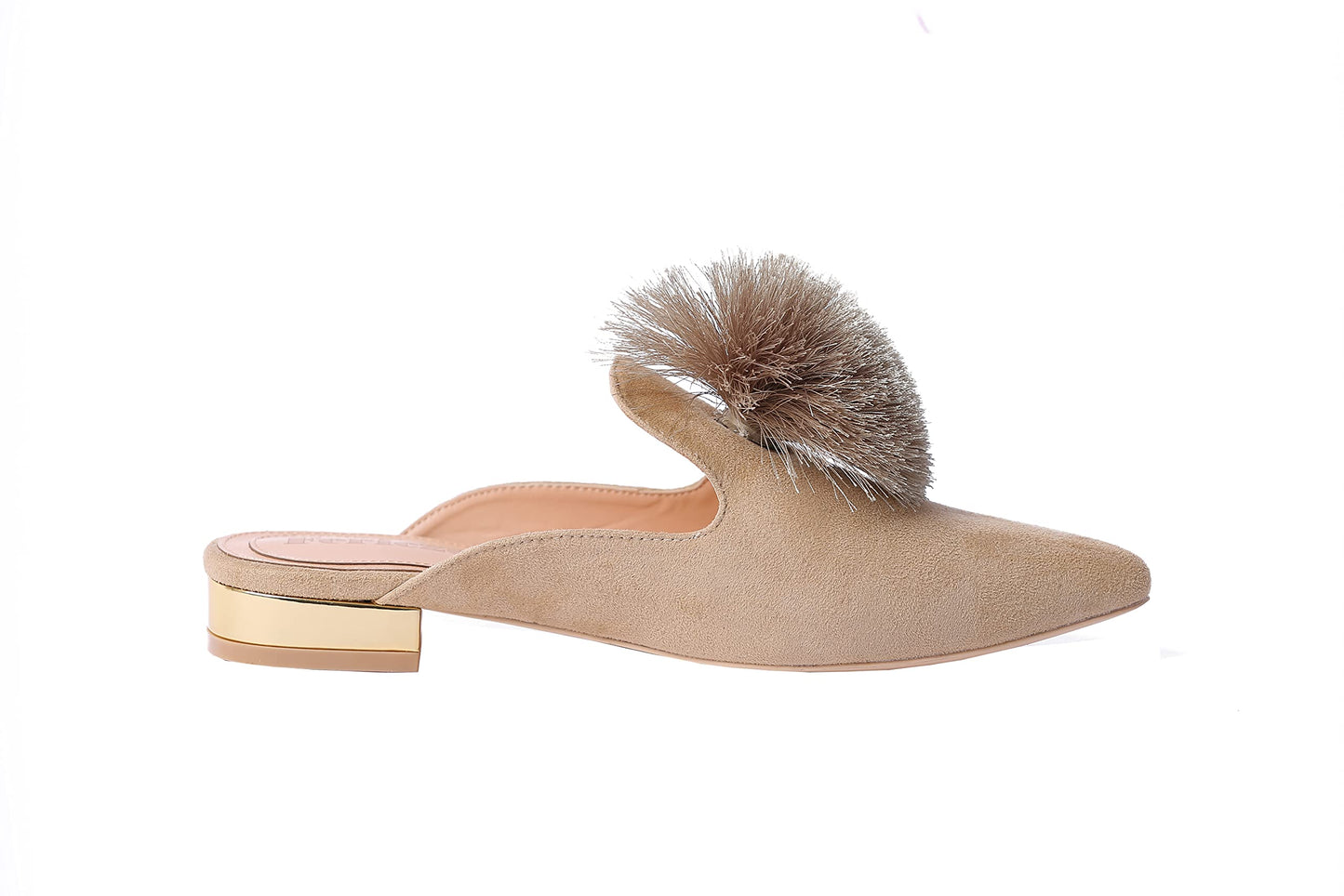 Fericzot Slip On Mule Backless Loafers Flats Puff PomPom Pointed Toe Casual Shoes Slippers