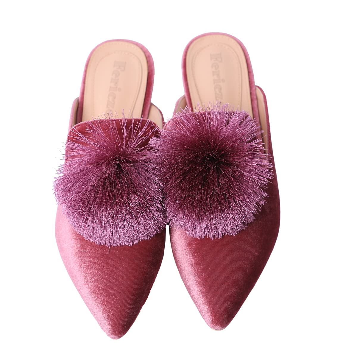 Fericzot Slip On Mule Backless Loafers Flats Puff PomPom Pointed Toe Casual Shoes Slippers