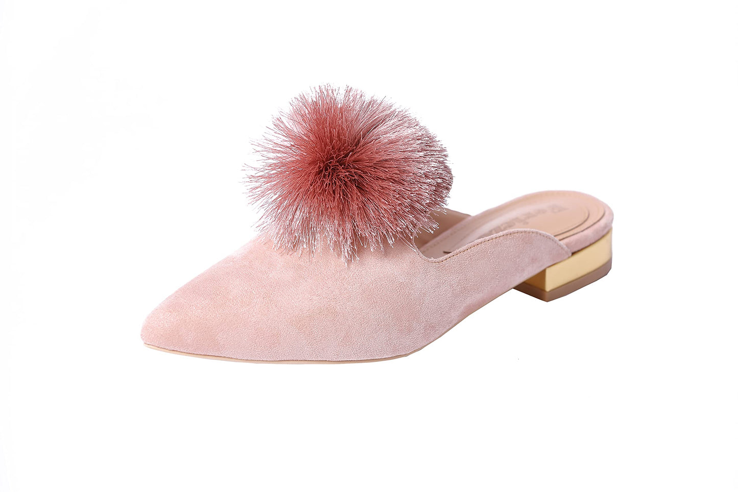 Fericzot Slip On Mule Backless Loafers Flats Puff PomPom Pointed Toe Casual Shoes Slippers