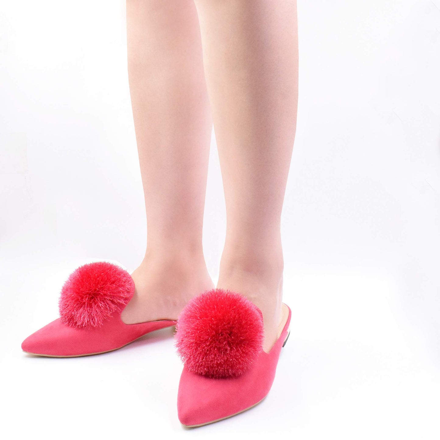 Fericzot Slip On Mule Backless Loafers Flats Puff PomPom Pointed Toe Casual Shoes Slippers