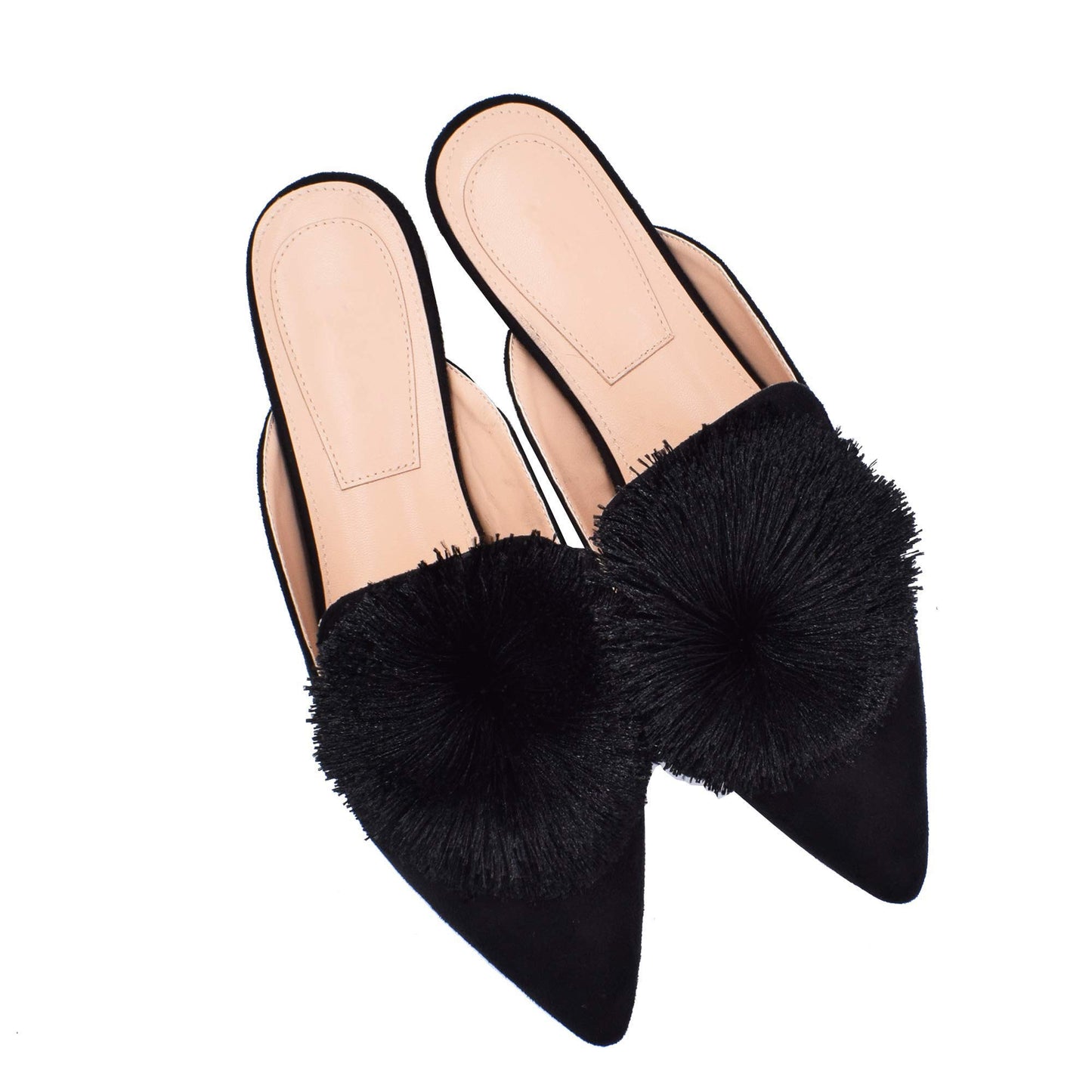 Fericzot Slip On Mule Backless Loafers Flats Puff PomPom Pointed Toe Casual Shoes Slippers